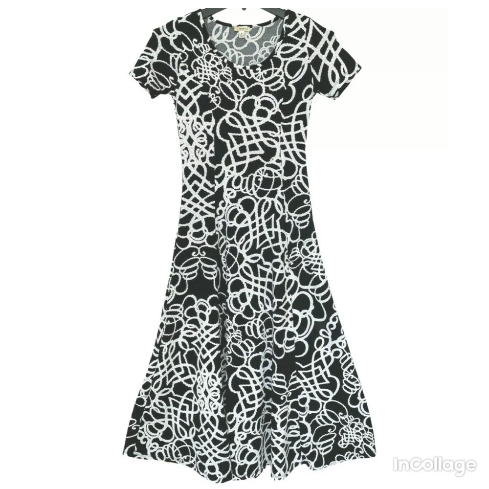 ✅NWOT Haani Women's S Maxi Dress Black & White Short Sleeves Fit & Flare Stretch